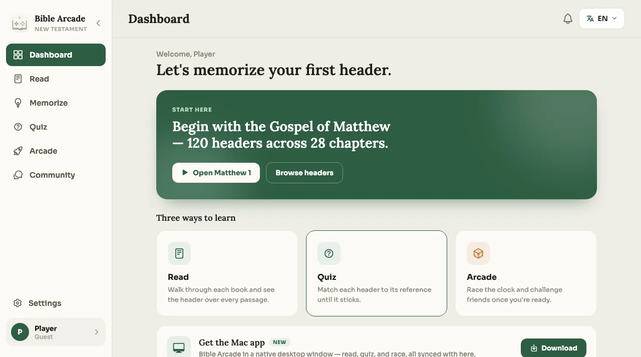 BibleArcade — read, memorize, quiz, and arcade dashboard